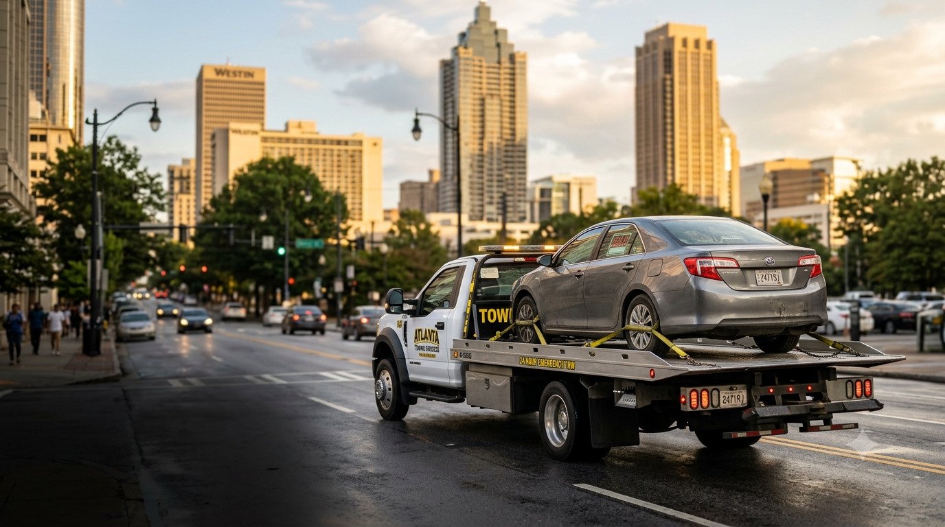 Junk car loaded on an Extreme Cash flatbed tow truck